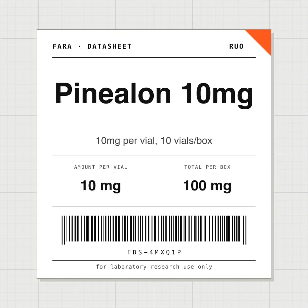 Datasheet card for Pinealon 10mg: 10 mg per vial, 10 vials per box