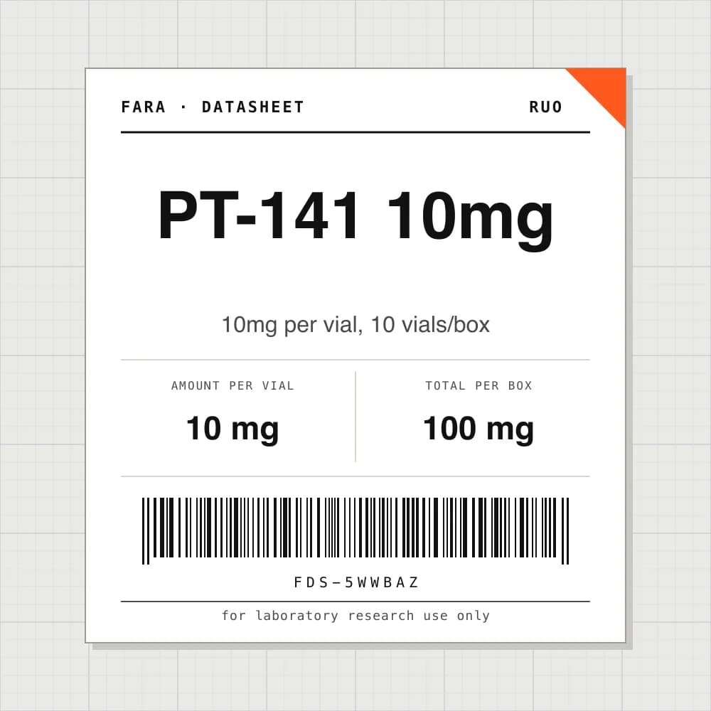 Datasheet card for PT-141 10mg: 10 mg per vial, 10 vials per box
