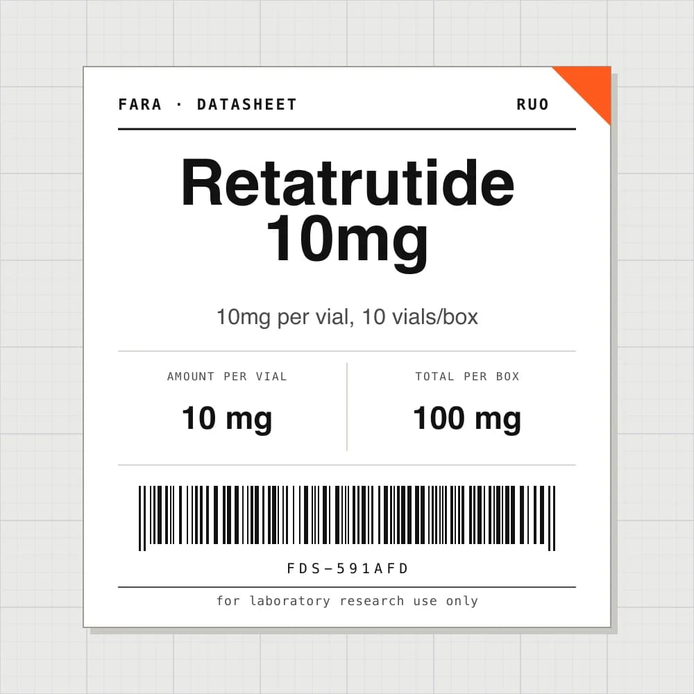 Datasheet card for Retatrutide 10mg: 10 mg per vial, 10 vials per box