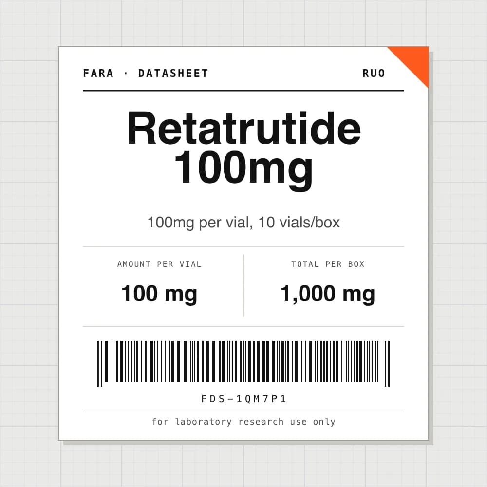 Datasheet card for Retatrutide 100mg: 100 mg per vial, 10 vials per box