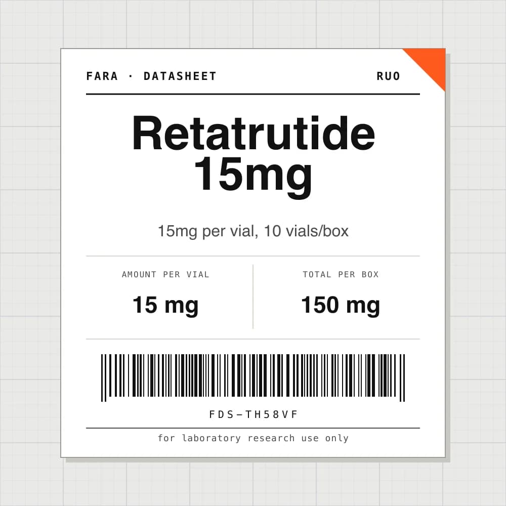 Datasheet card for Retatrutide 15mg: 15 mg per vial, 10 vials per box