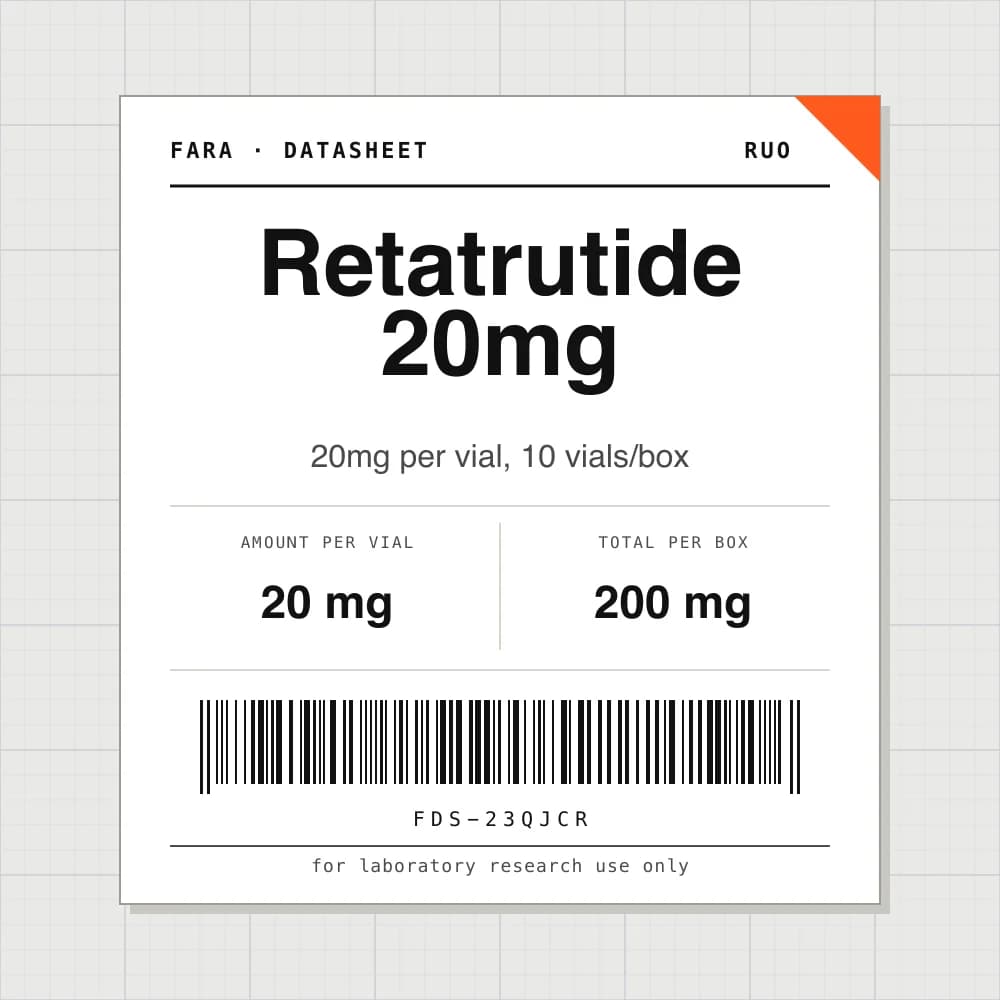 Datasheet card for Retatrutide 20mg: 20 mg per vial, 10 vials per box