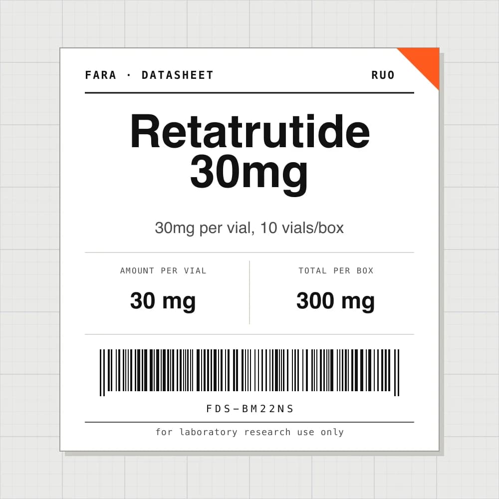 Datasheet card for Retatrutide 30mg: 30 mg per vial, 10 vials per box