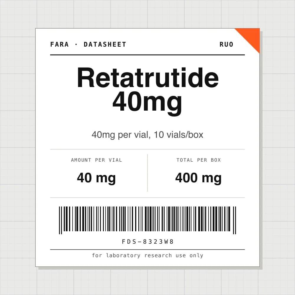 Datasheet card for Retatrutide 40mg: 40 mg per vial, 10 vials per box