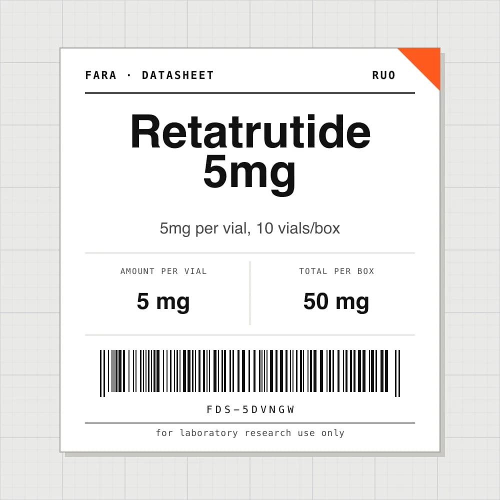 Datasheet card for Retatrutide 5mg: 5 mg per vial, 10 vials per box