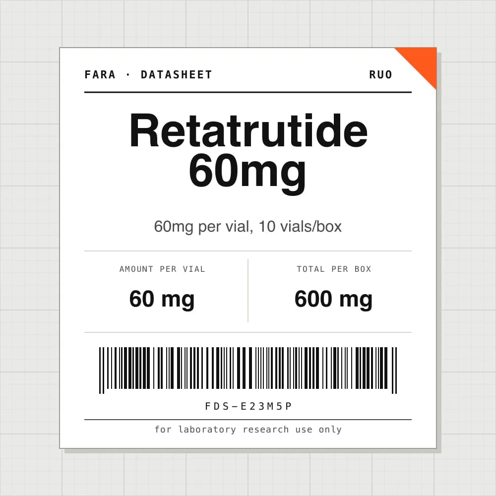 Datasheet card for Retatrutide 60mg: 60 mg per vial, 10 vials per box
