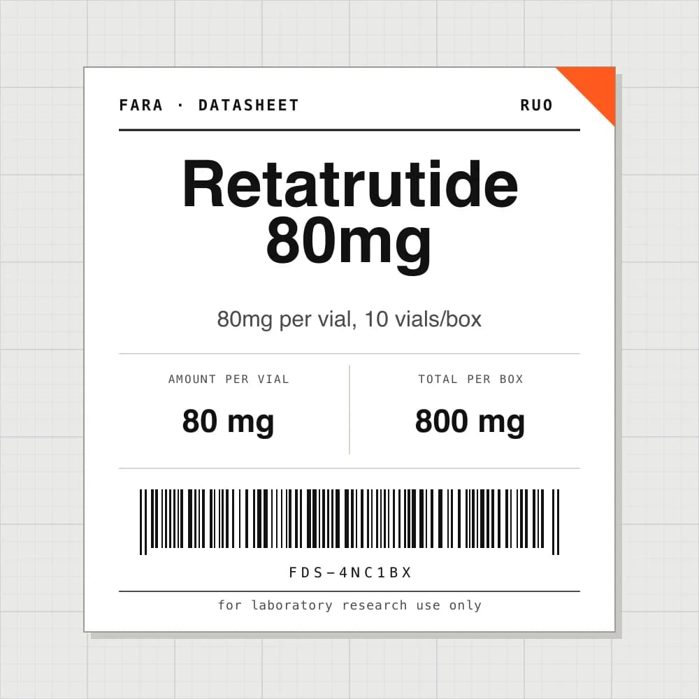 Datasheet card for Retatrutide 80mg: 80 mg per vial, 10 vials per box