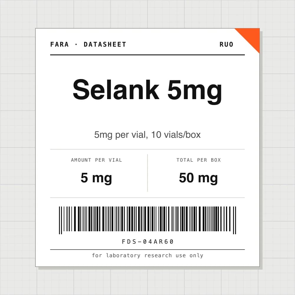 Datasheet card for Selank 5mg: 5 mg per vial, 10 vials per box