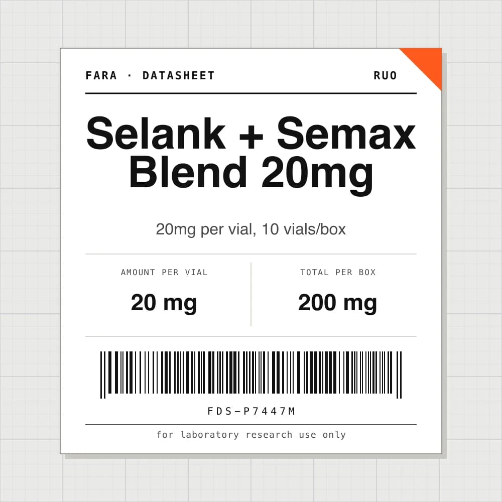 Datasheet card for Selank + Semax Blend 20mg: 20 mg per vial, 10 vials per box