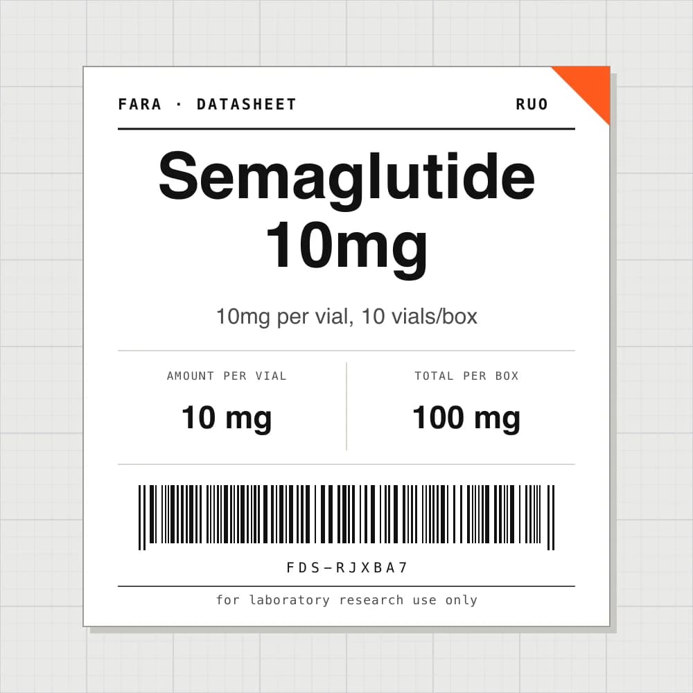 Datasheet card for Semaglutide 10mg: 10 mg per vial, 10 vials per box