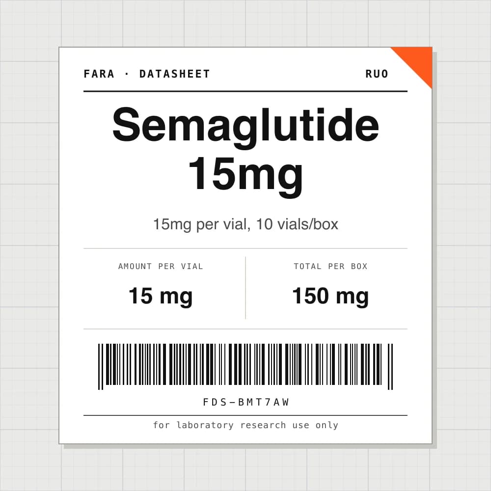 Datasheet card for Semaglutide 15mg: 15 mg per vial, 10 vials per box