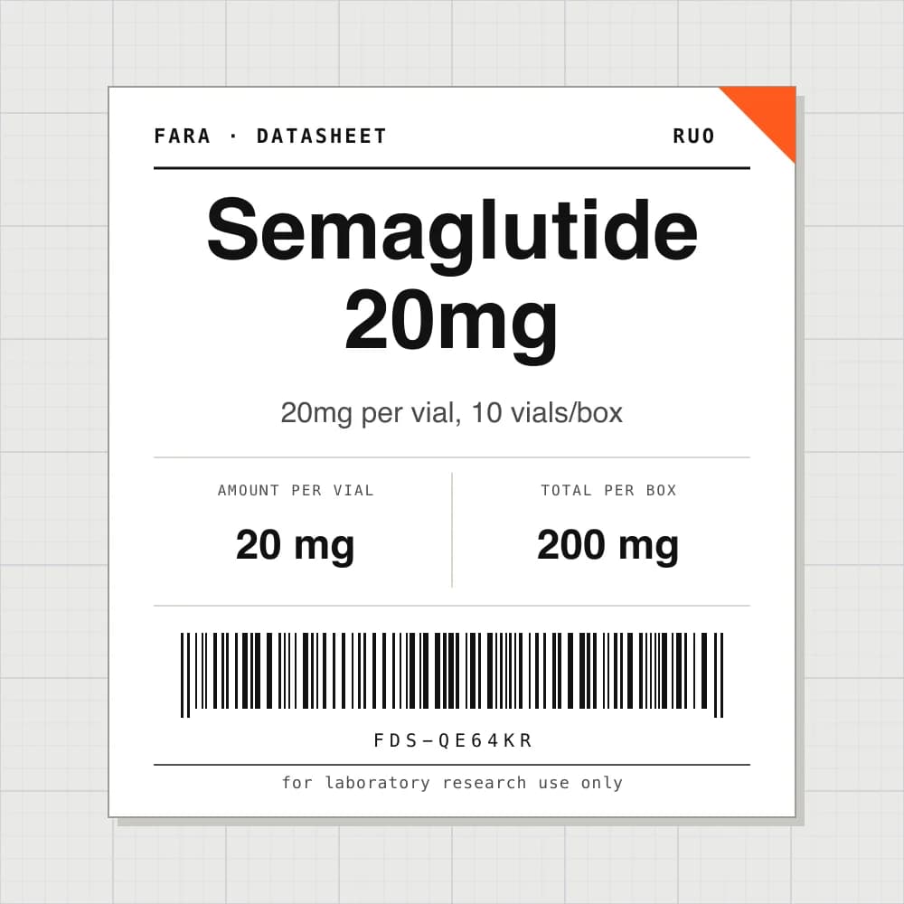 Datasheet card for Semaglutide 20mg: 20 mg per vial, 10 vials per box