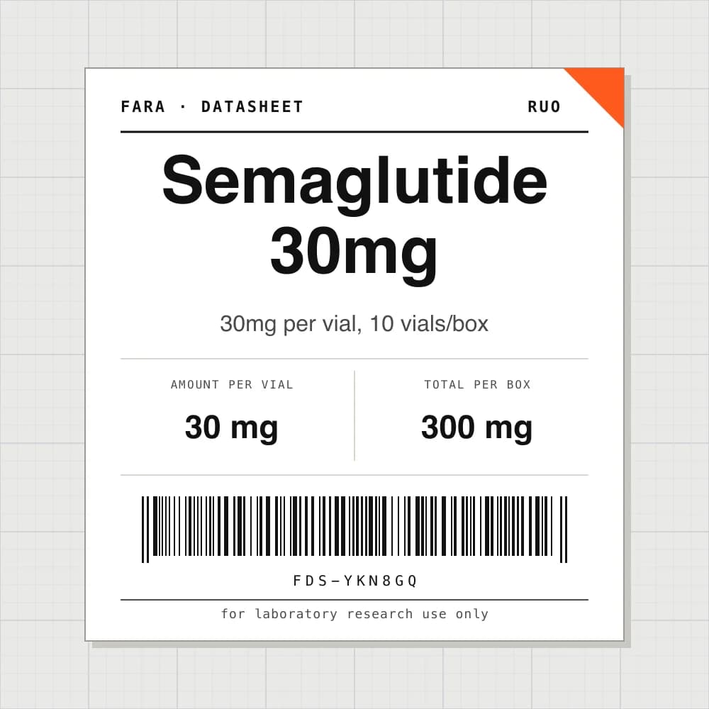 Datasheet card for Semaglutide 30mg: 30 mg per vial, 10 vials per box