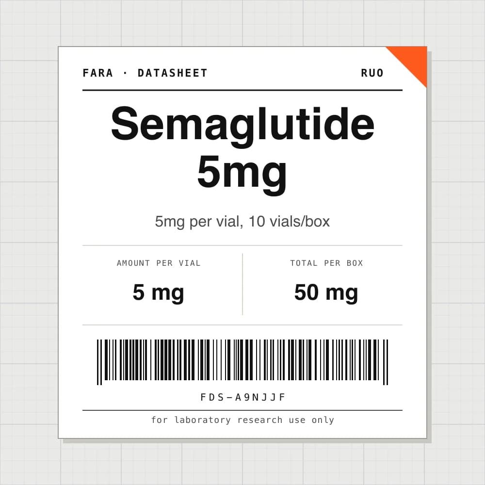 Datasheet card for Semaglutide 5mg: 5 mg per vial, 10 vials per box