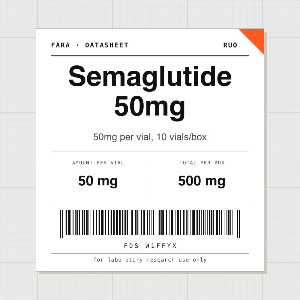 Datasheet card for Semaglutide 50mg: 50 mg per vial, 10 vials per box