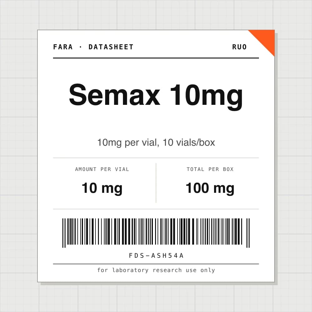 Datasheet card for Semax 10mg: 10 mg per vial, 10 vials per box