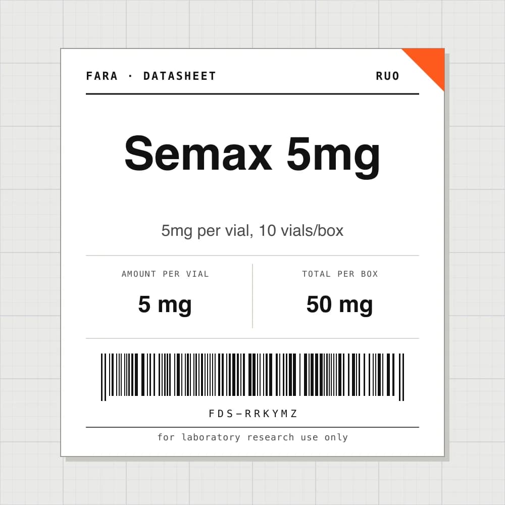 Datasheet card for Semax 5mg: 5 mg per vial, 10 vials per box