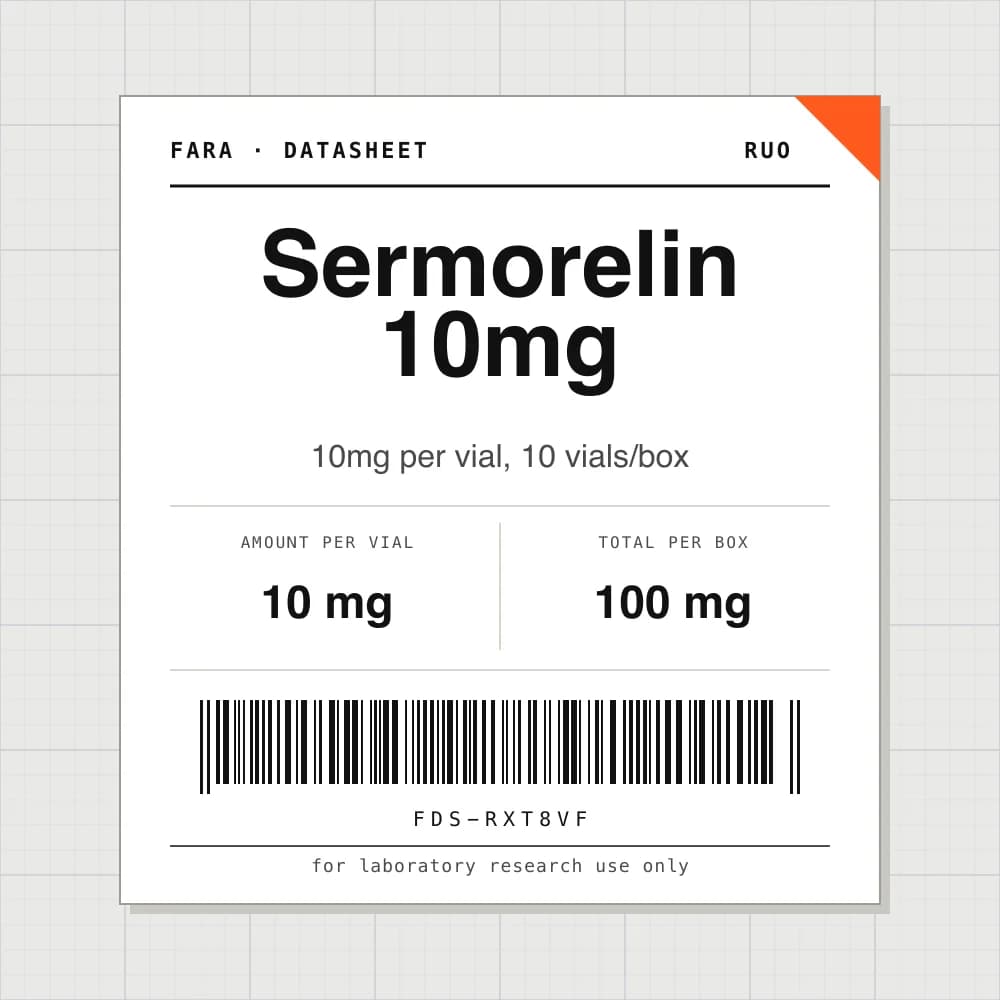 Datasheet card for Sermorelin 10mg: 10 mg per vial, 10 vials per box