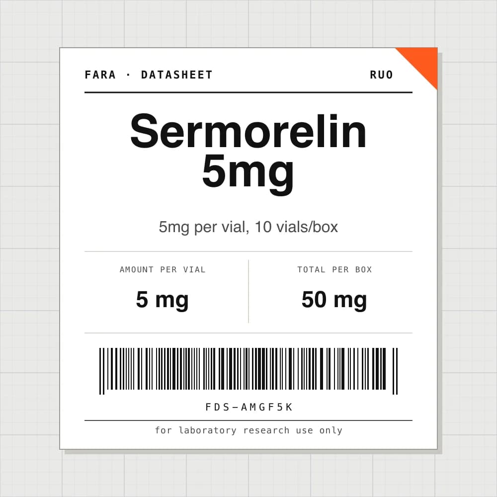 Datasheet card for Sermorelin 5mg: 5 mg per vial, 10 vials per box