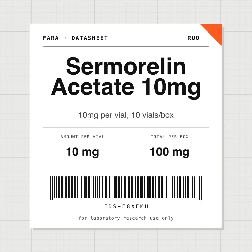 Datasheet card for Sermorelin Acetate 10mg: 10 mg per vial, 10 vials per box