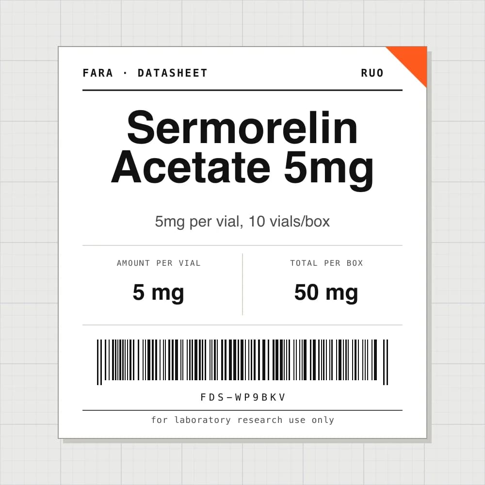 Datasheet card for Sermorelin Acetate 5mg: 5 mg per vial, 10 vials per box