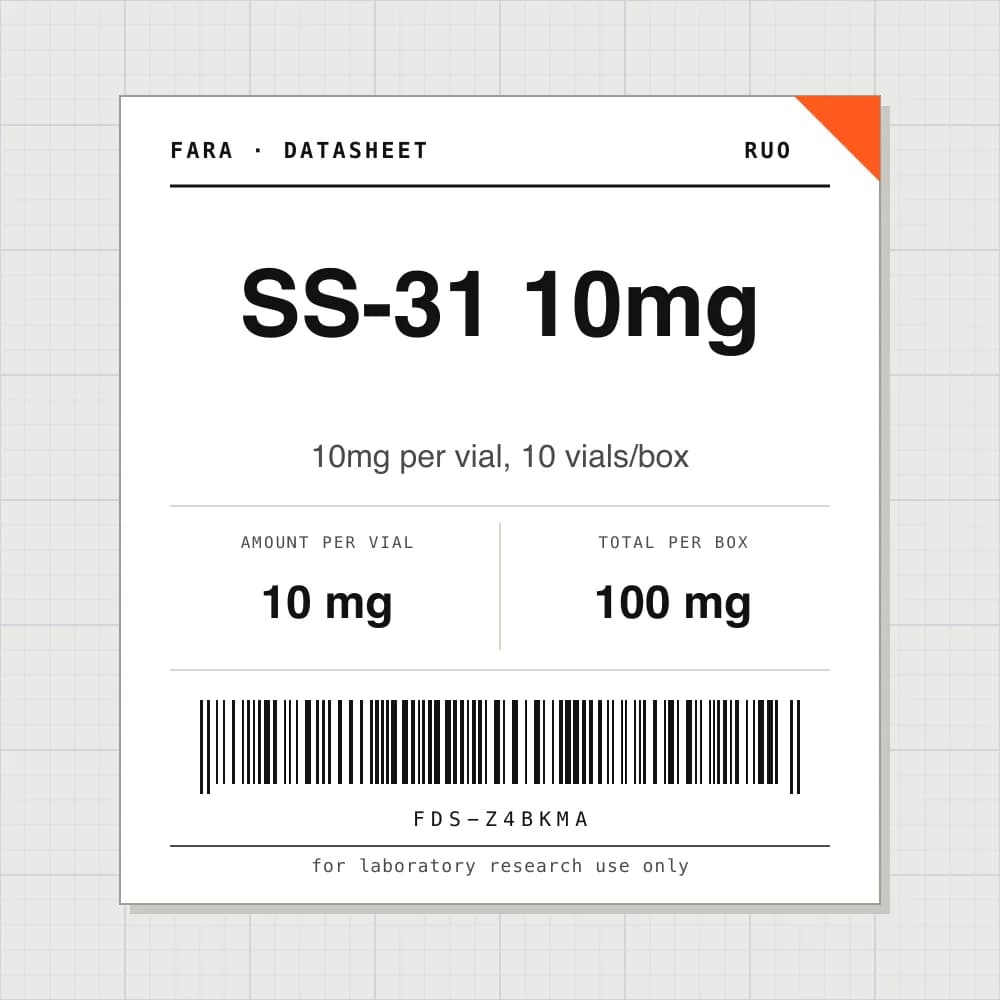 Datasheet card for SS-31 10mg: 10 mg per vial, 10 vials per box