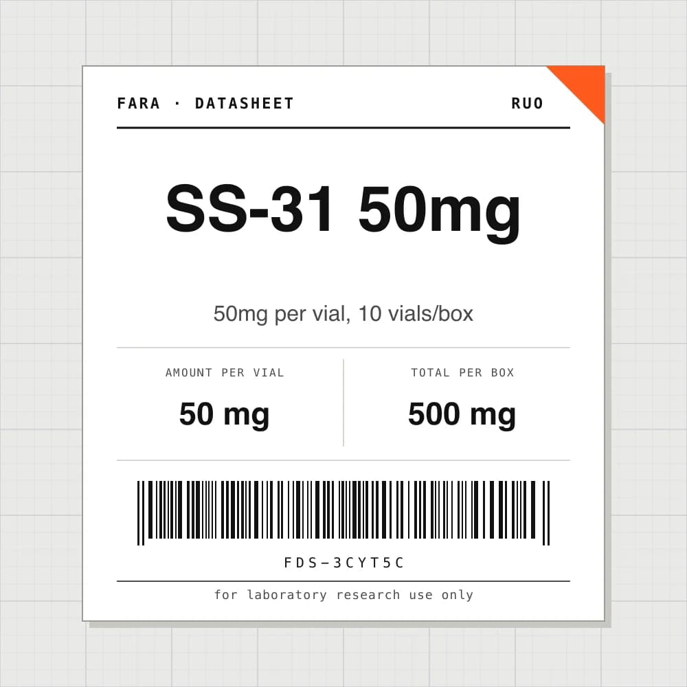 Datasheet card for SS-31 50mg: 50 mg per vial, 10 vials per box