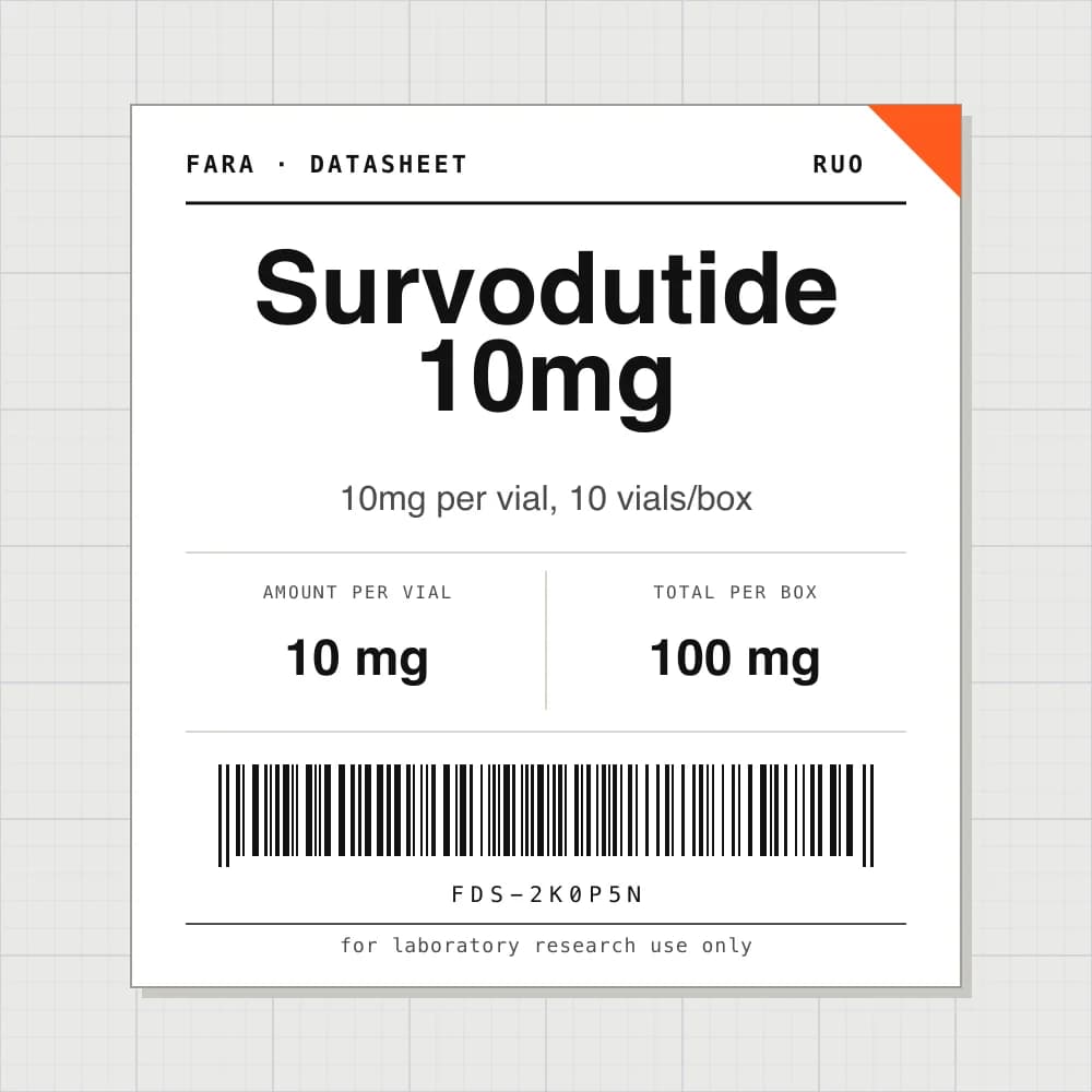 Datasheet card for Survodutide 10mg: 10 mg per vial, 10 vials per box