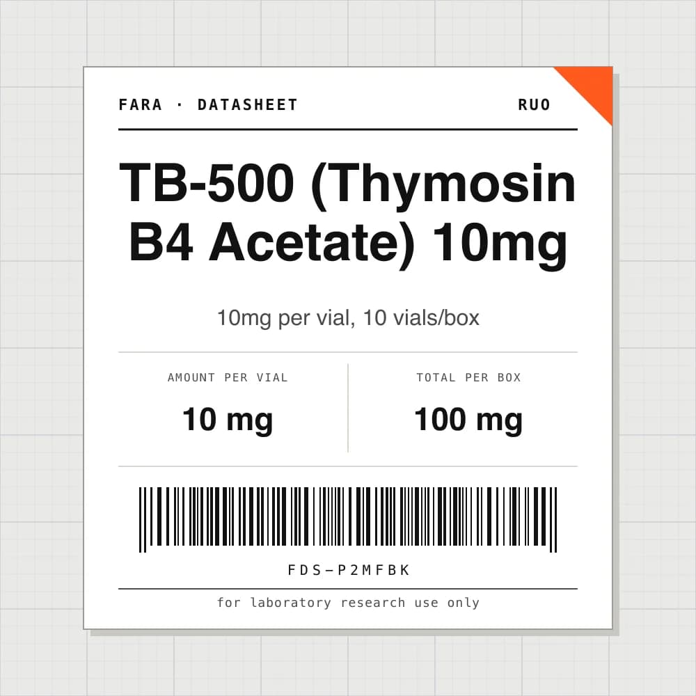 Datasheet card for TB-500 (Thymosin B4 Acetate) 10mg: 10 mg per vial, 10 vials per box
