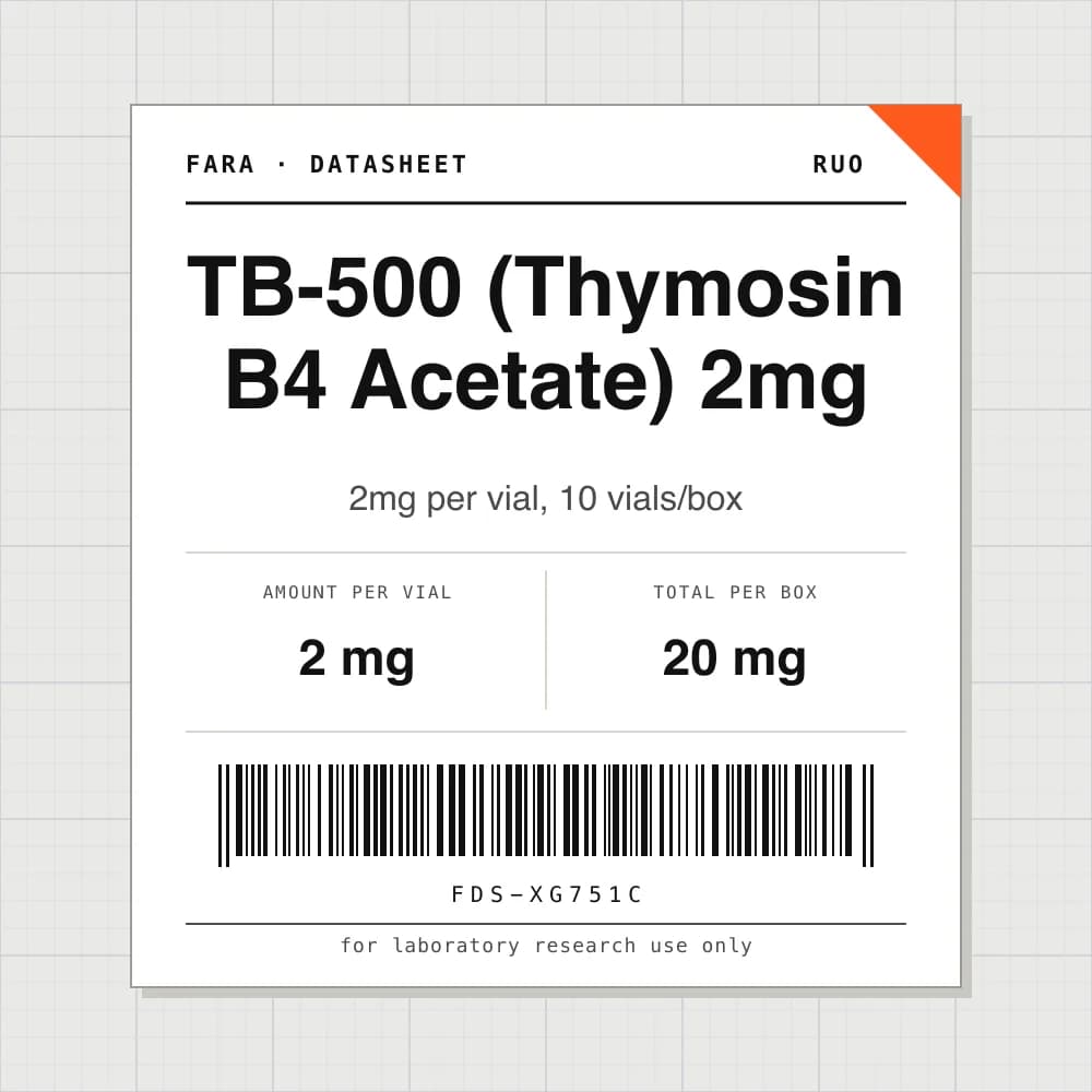 Datasheet card for TB-500 (Thymosin B4 Acetate) 2mg: 2 mg per vial, 10 vials per box