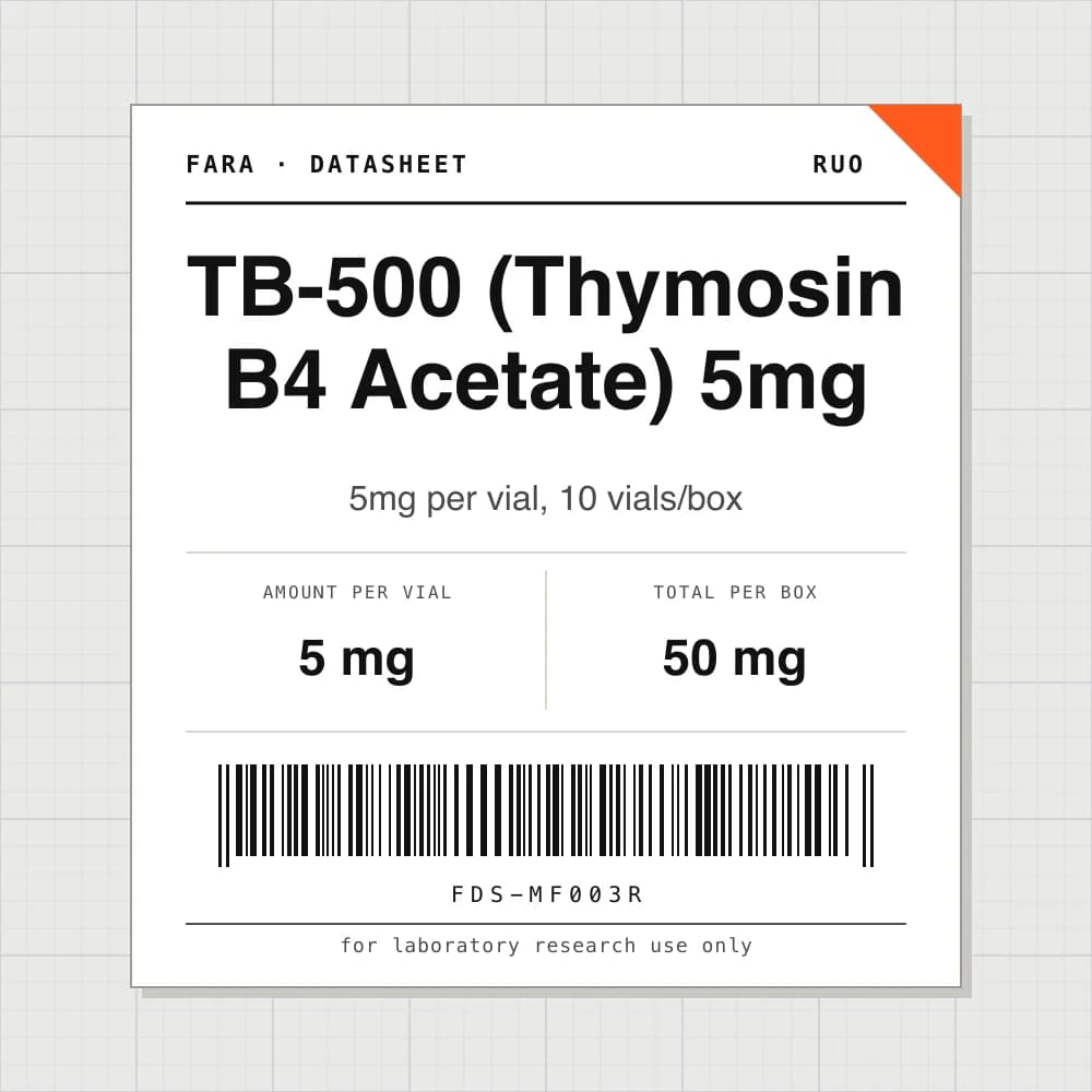 Datasheet card for TB-500 (Thymosin B4 Acetate) 5mg: 5 mg per vial, 10 vials per box