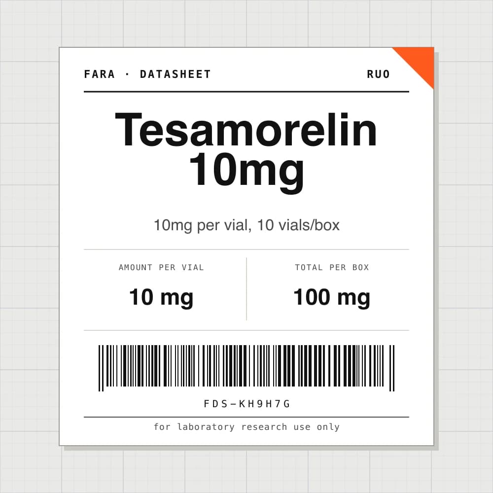 Datasheet card for Tesamorelin 10mg: 10 mg per vial, 10 vials per box