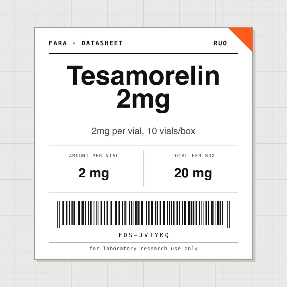 Datasheet card for Tesamorelin 2mg: 2 mg per vial, 10 vials per box