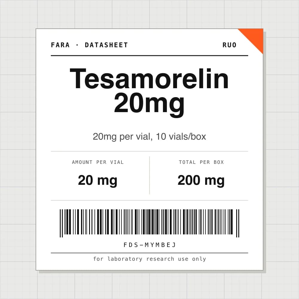Datasheet card for Tesamorelin 20mg: 20 mg per vial, 10 vials per box
