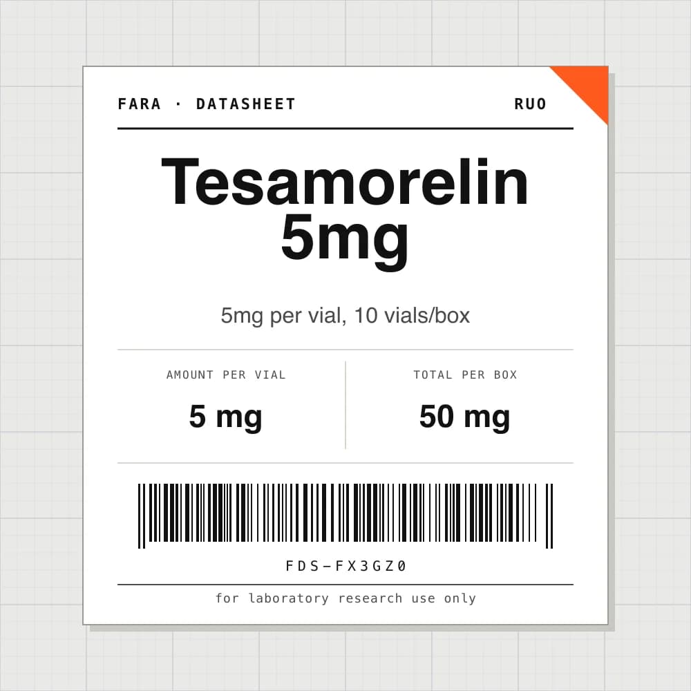 Datasheet card for Tesamorelin 5mg: 5 mg per vial, 10 vials per box