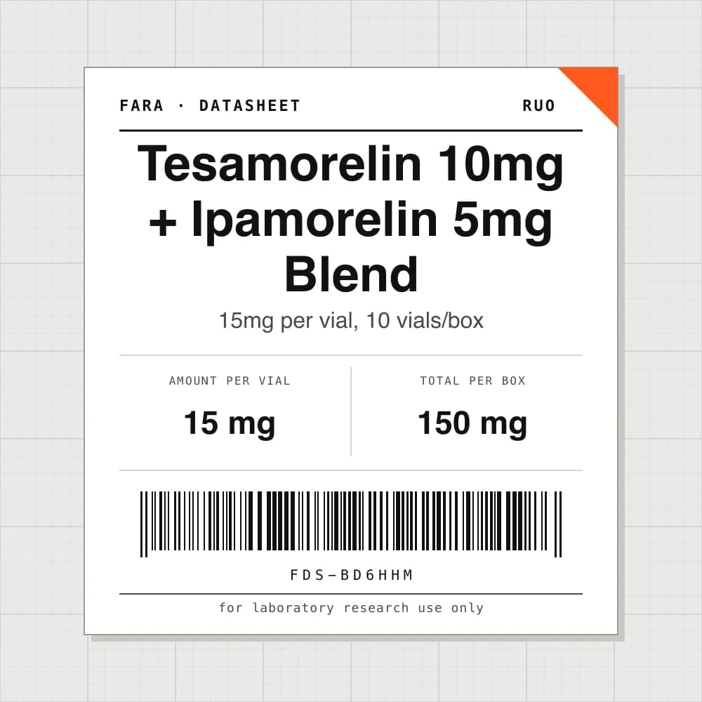Datasheet card for Tesamorelin 10mg + Ipamorelin 5mg Blend: 15 mg per vial, 10 vials per box