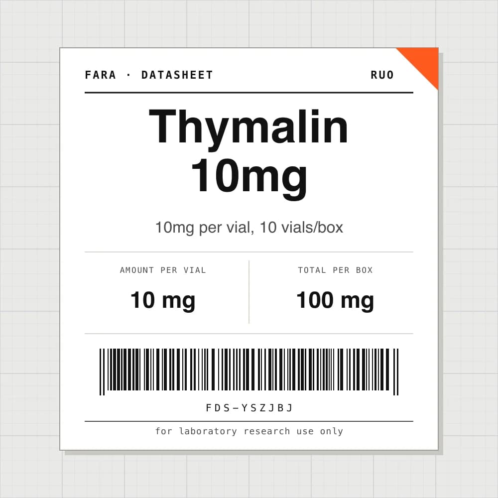 Datasheet card for Thymalin 10mg: 10 mg per vial, 10 vials per box