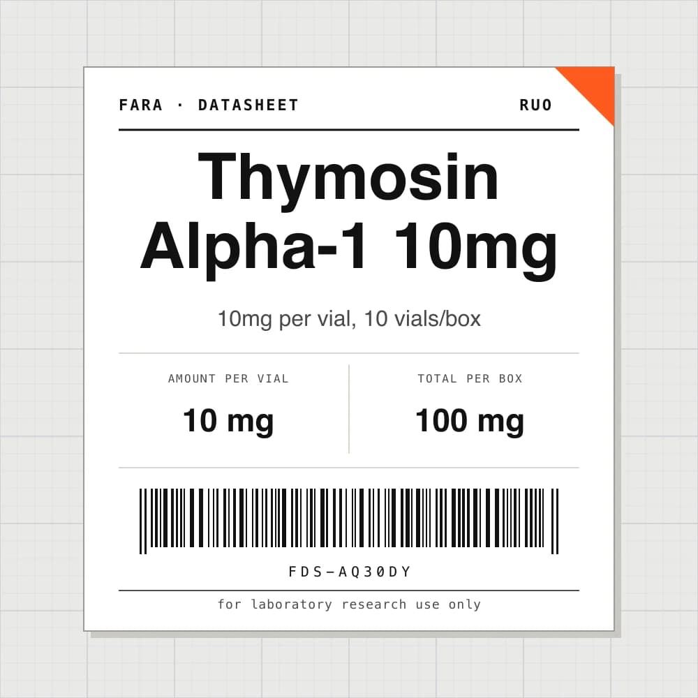 Datasheet card for Thymosin Alpha-1 10mg: 10 mg per vial, 10 vials per box