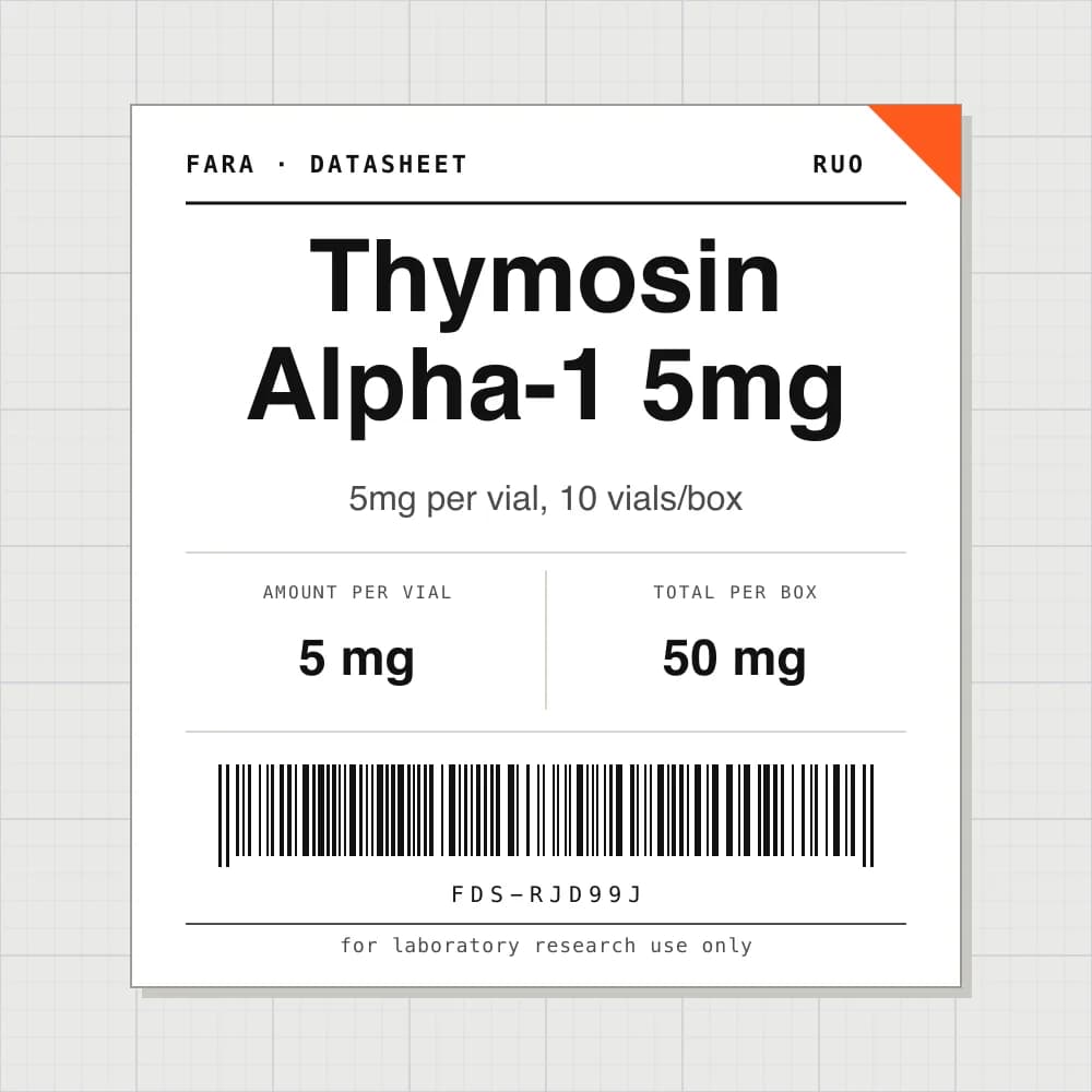 Datasheet card for Thymosin Alpha-1 5mg: 5 mg per vial, 10 vials per box