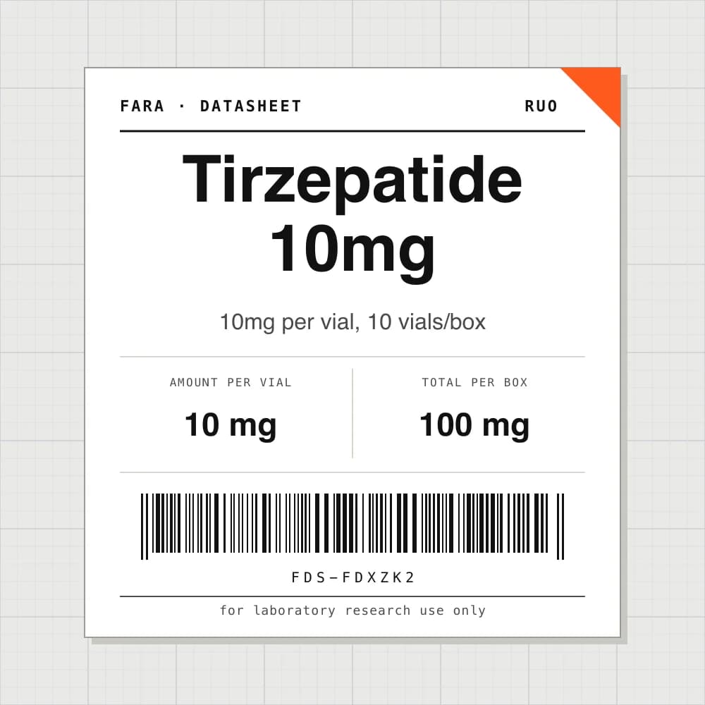 Datasheet card for Tirzepatide 10mg: 10 mg per vial, 10 vials per box