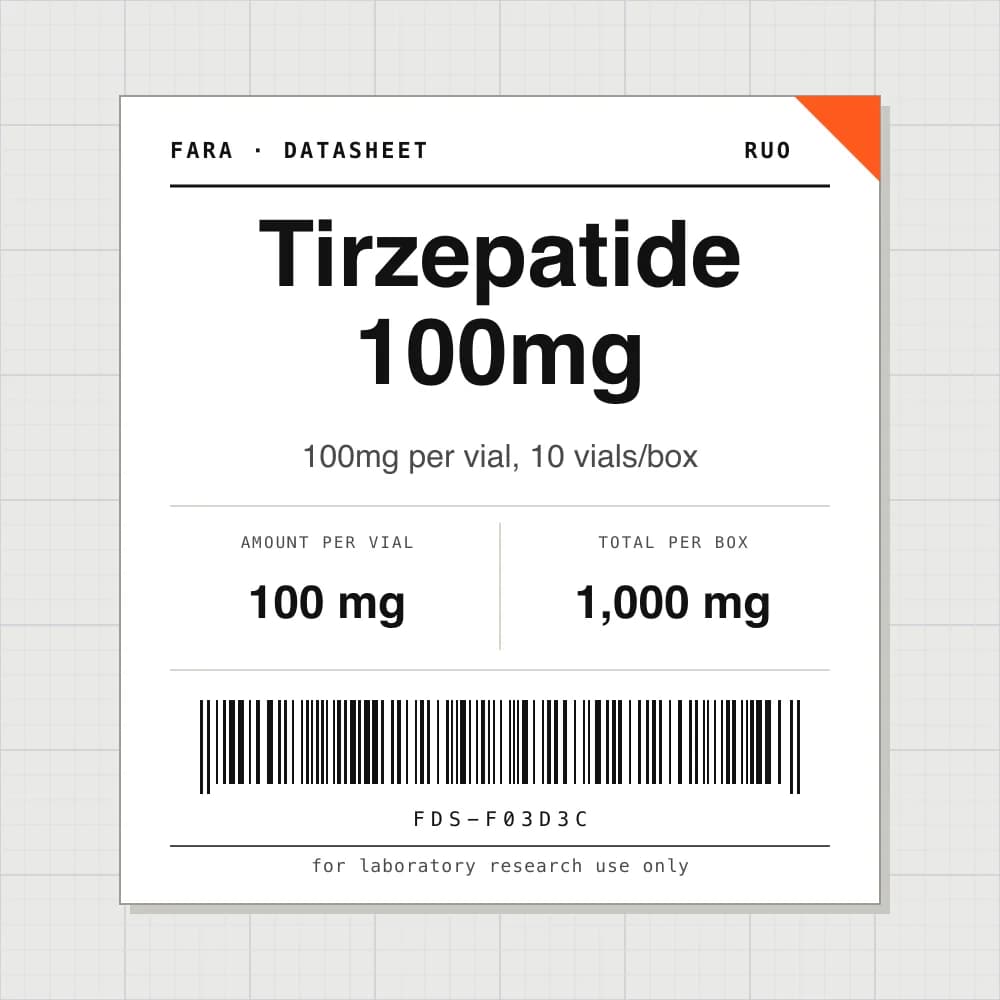Datasheet card for Tirzepatide 100mg: 100 mg per vial, 10 vials per box