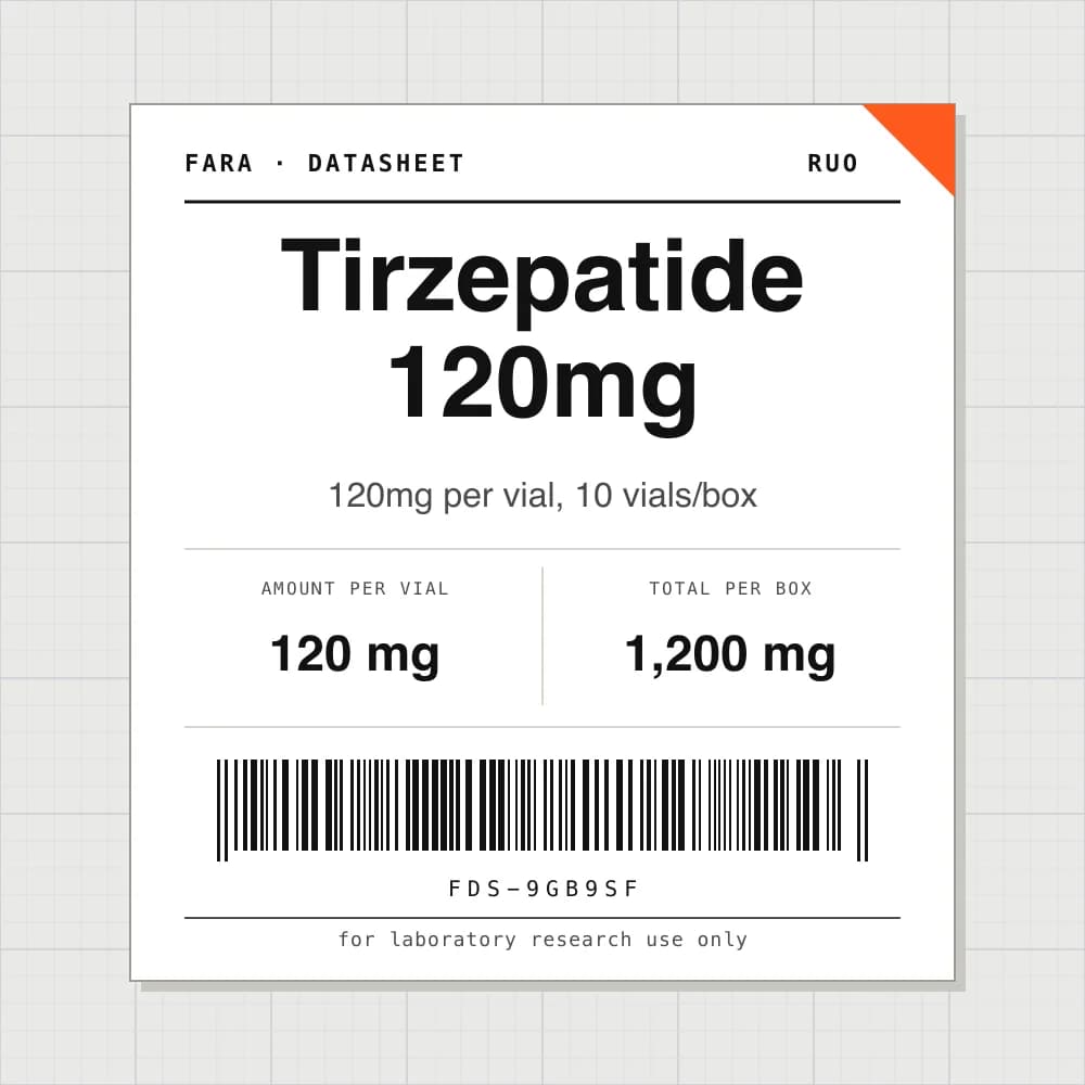 Datasheet card for Tirzepatide 120mg: 120 mg per vial, 10 vials per box