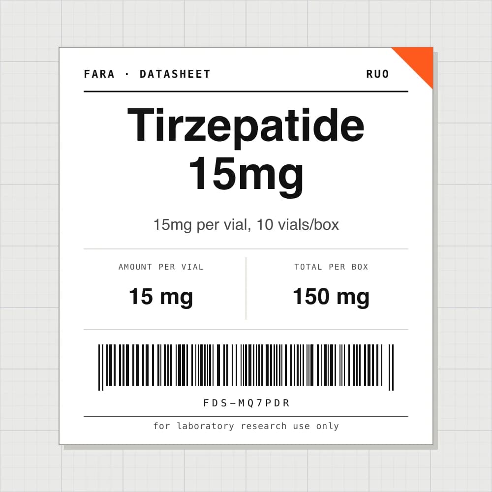 Datasheet card for Tirzepatide 15mg: 15 mg per vial, 10 vials per box