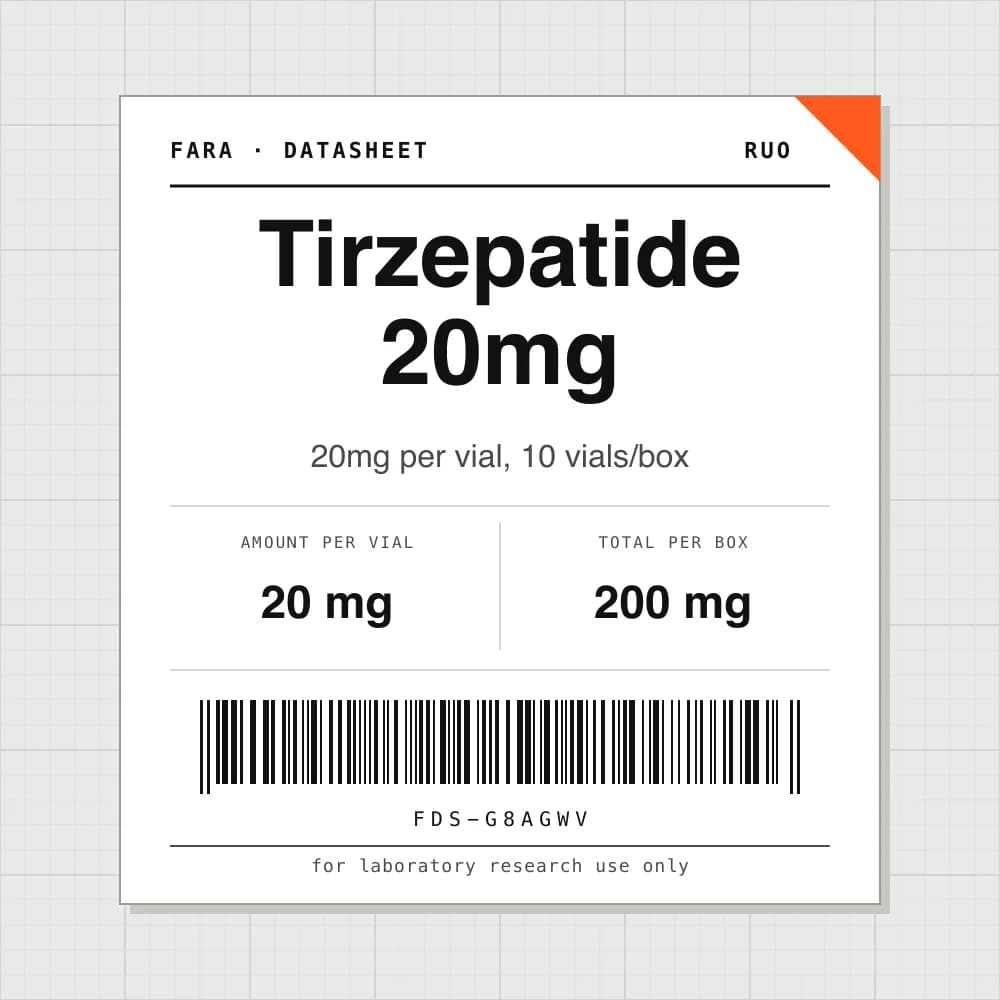 Datasheet card for Tirzepatide 20mg: 20 mg per vial, 10 vials per box