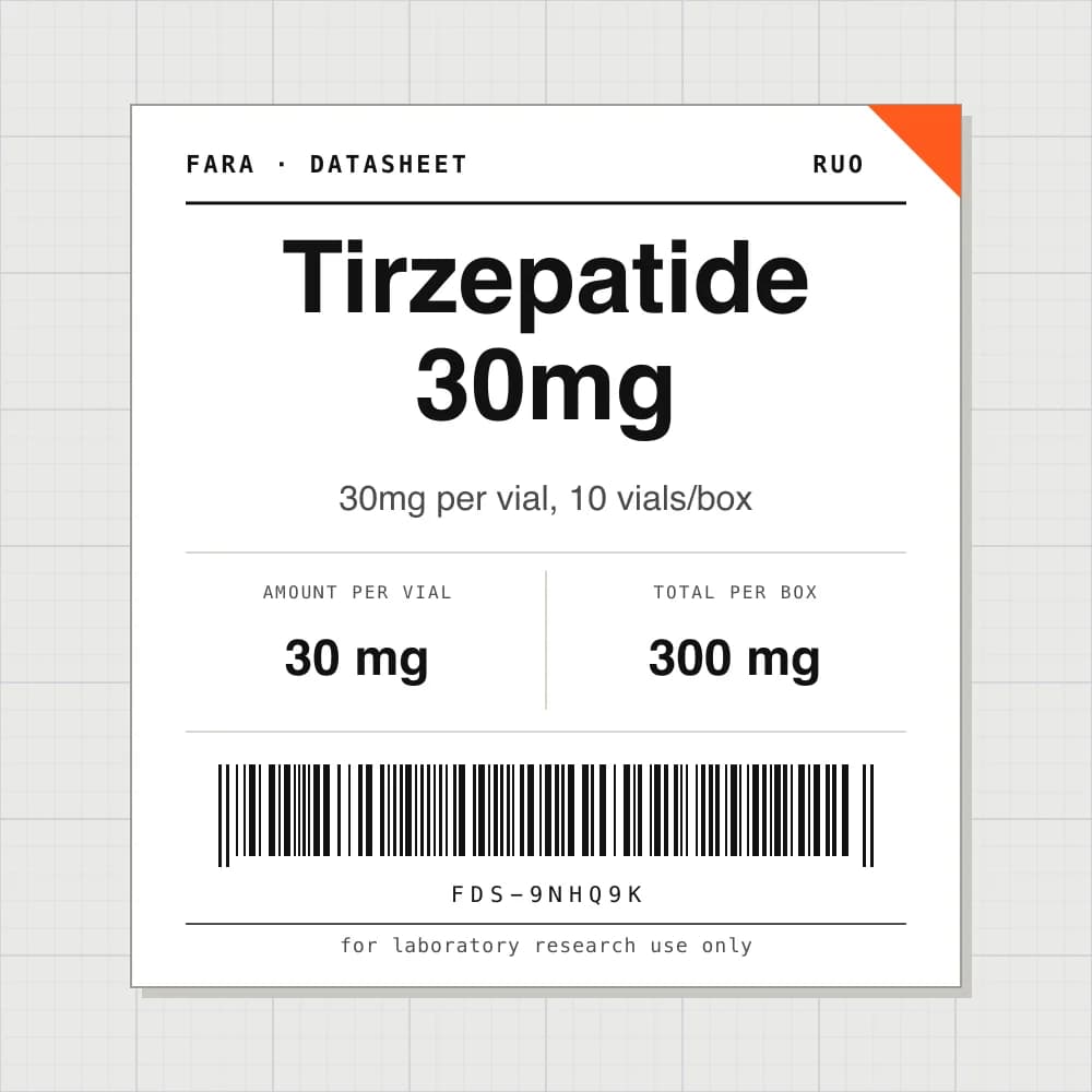 Datasheet card for Tirzepatide 30mg: 30 mg per vial, 10 vials per box