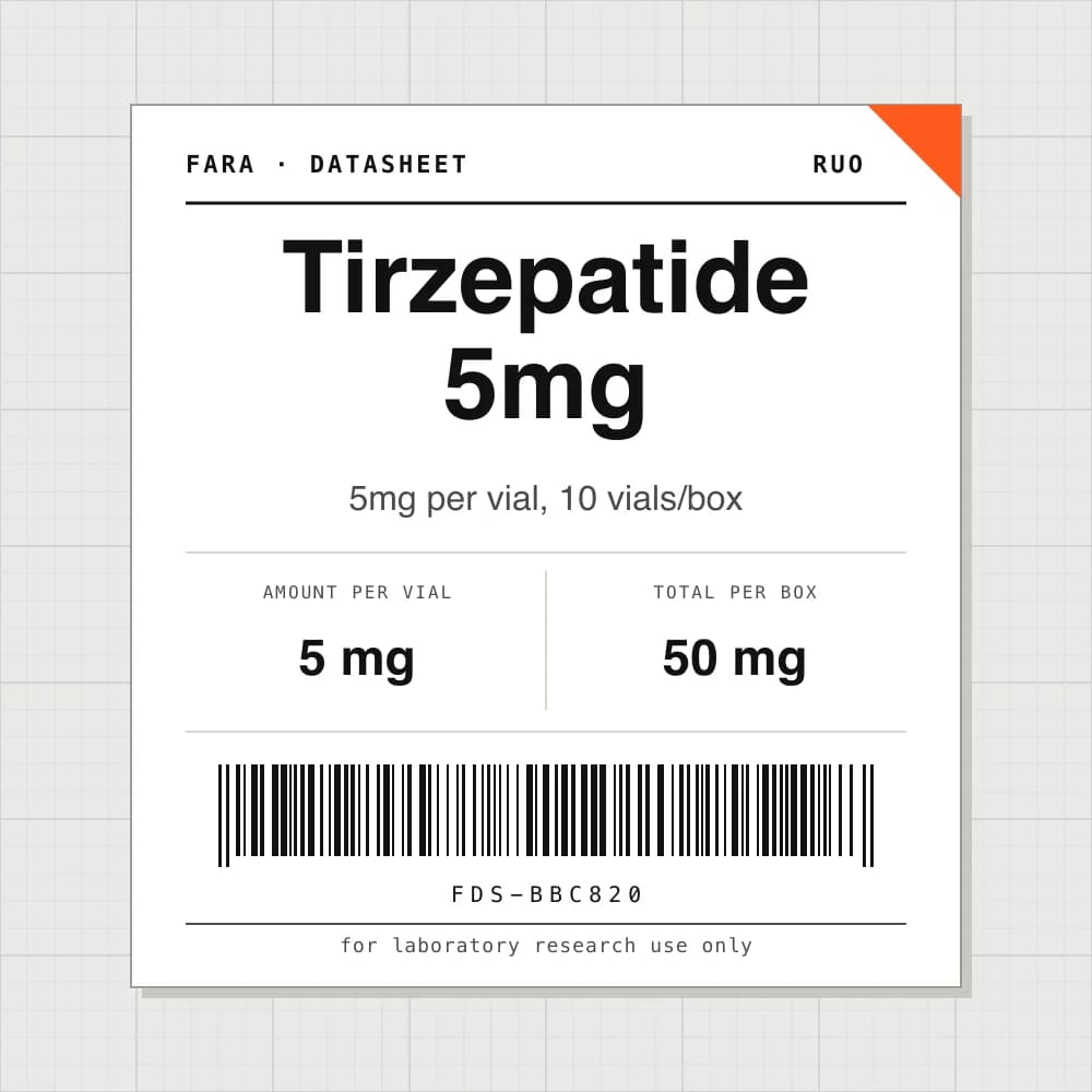 Datasheet card for Tirzepatide 5mg: 5 mg per vial, 10 vials per box