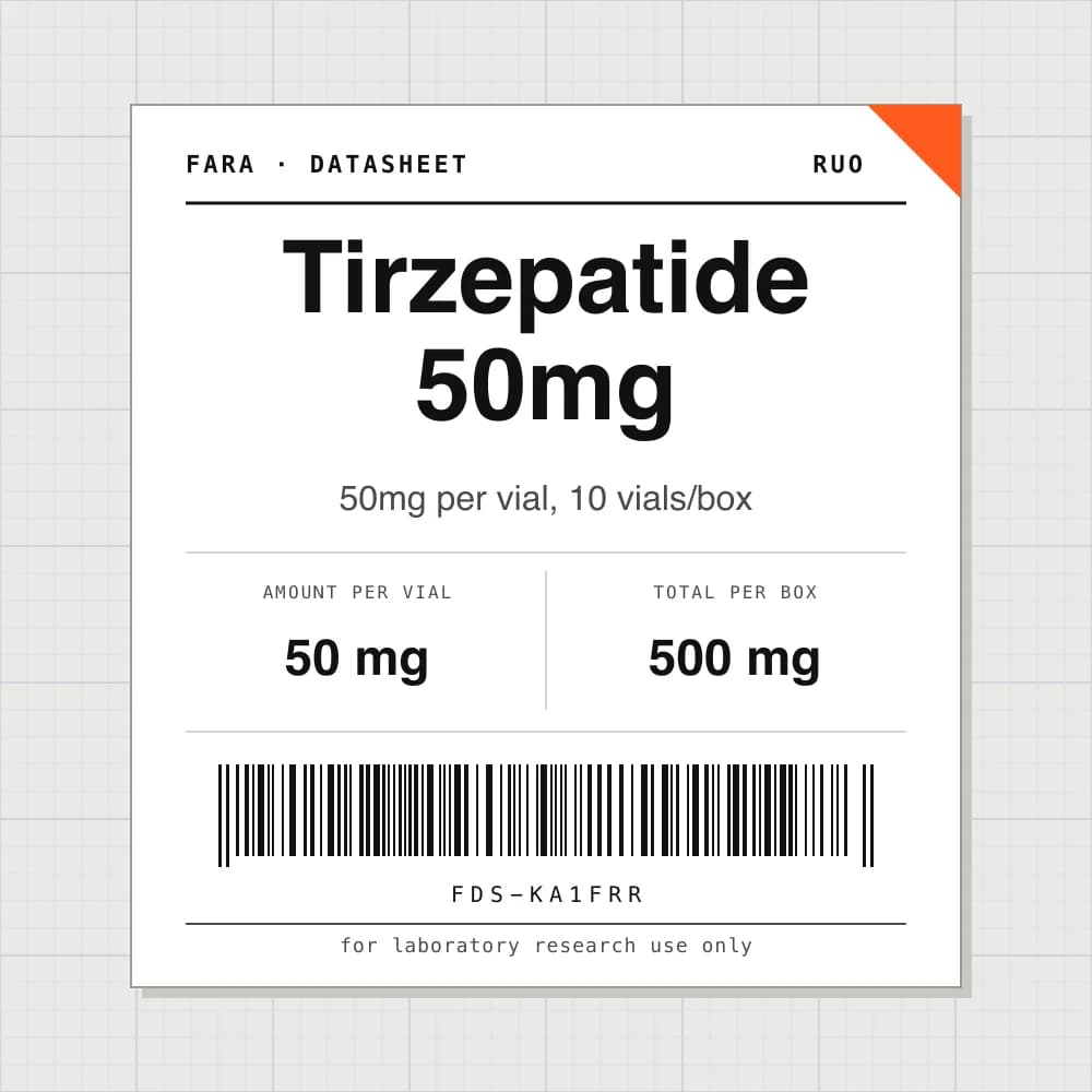 Datasheet card for Tirzepatide 50mg: 50 mg per vial, 10 vials per box