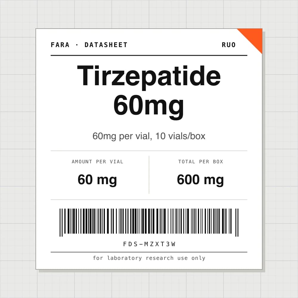 Datasheet card for Tirzepatide 60mg: 60 mg per vial, 10 vials per box