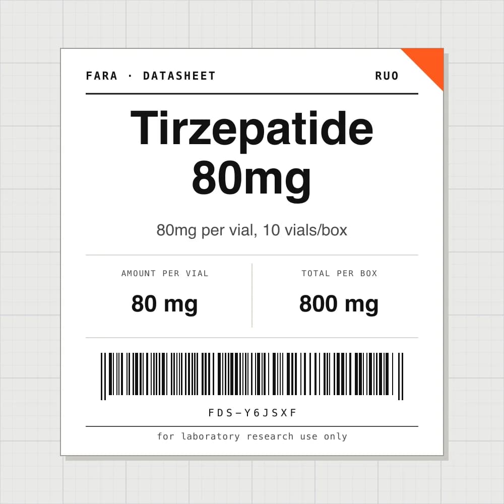 Datasheet card for Tirzepatide 80mg: 80 mg per vial, 10 vials per box
