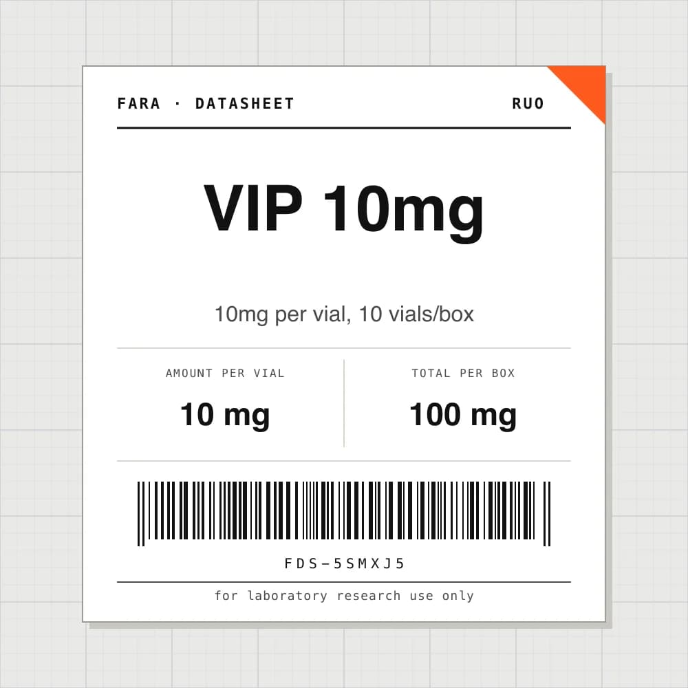 Datasheet card for VIP 10mg: 10 mg per vial, 10 vials per box
